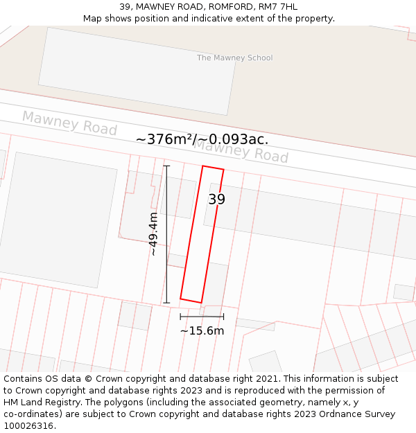 39, MAWNEY ROAD, ROMFORD, RM7 7HL: Plot and title map