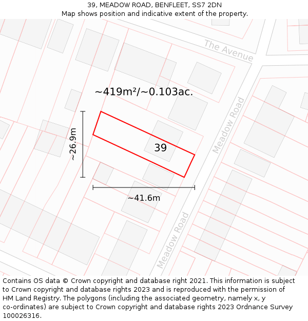 39, MEADOW ROAD, BENFLEET, SS7 2DN: Plot and title map