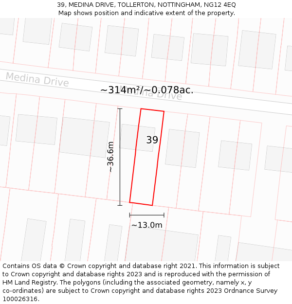 39, MEDINA DRIVE, TOLLERTON, NOTTINGHAM, NG12 4EQ: Plot and title map