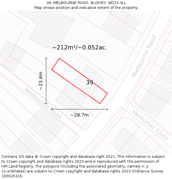 39, MELBOURNE ROAD, BUSHEY, WD23 3LL: Plot and title map