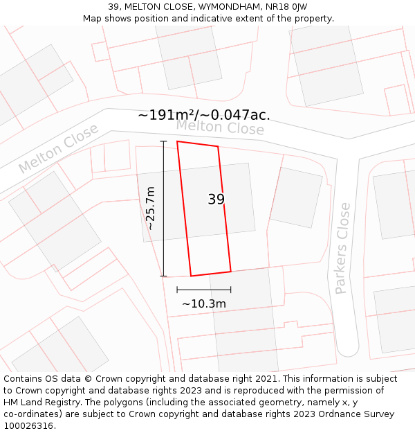 39, MELTON CLOSE, WYMONDHAM, NR18 0JW: Plot and title map