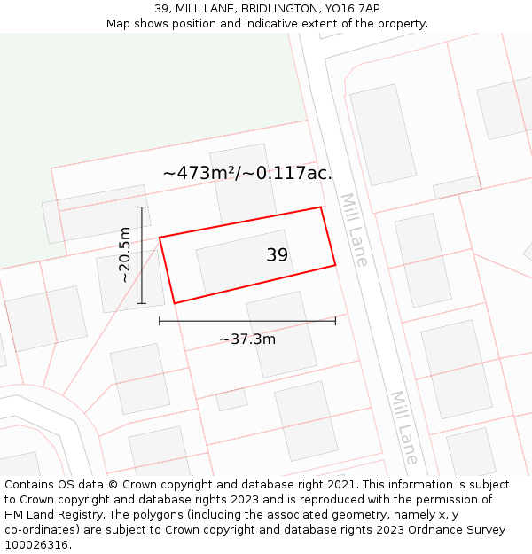 39, MILL LANE, BRIDLINGTON, YO16 7AP: Plot and title map