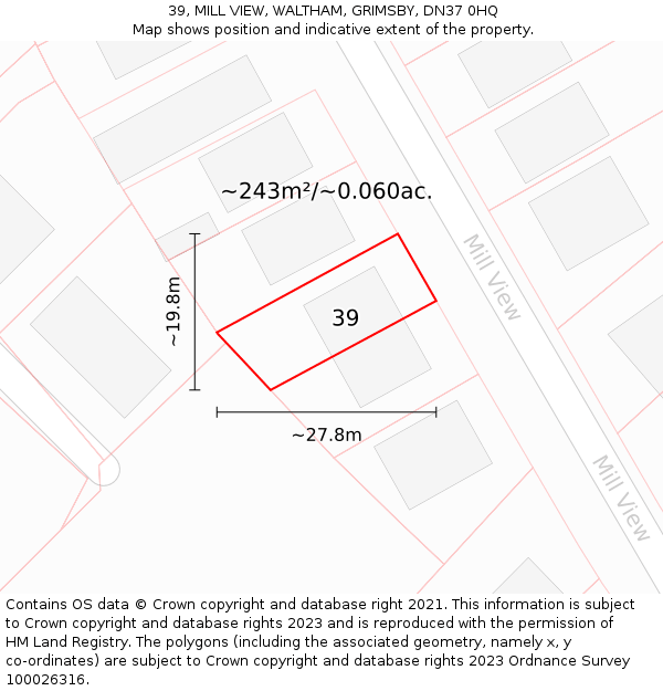 39, MILL VIEW, WALTHAM, GRIMSBY, DN37 0HQ: Plot and title map