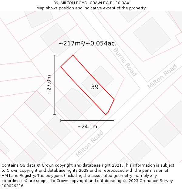 39, MILTON ROAD, CRAWLEY, RH10 3AX: Plot and title map