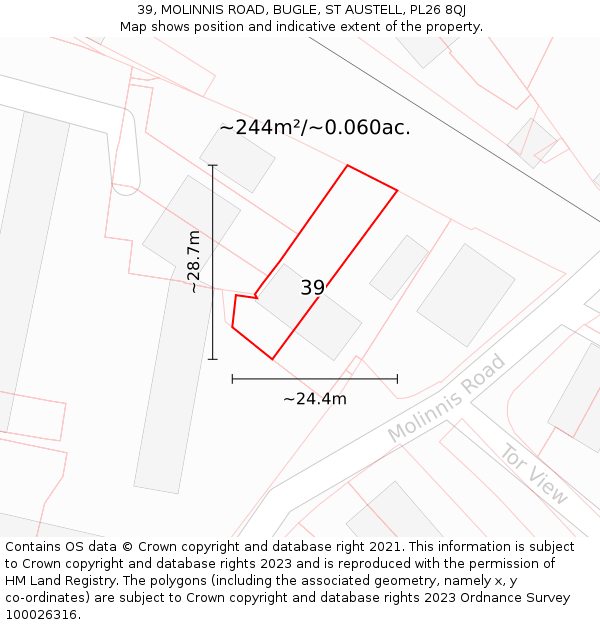 39, MOLINNIS ROAD, BUGLE, ST AUSTELL, PL26 8QJ: Plot and title map