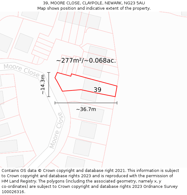 39, MOORE CLOSE, CLAYPOLE, NEWARK, NG23 5AU: Plot and title map