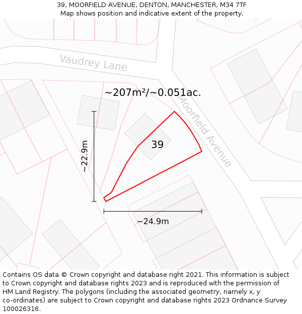 39, MOORFIELD AVENUE, DENTON, MANCHESTER, M34 7TF: Plot and title map