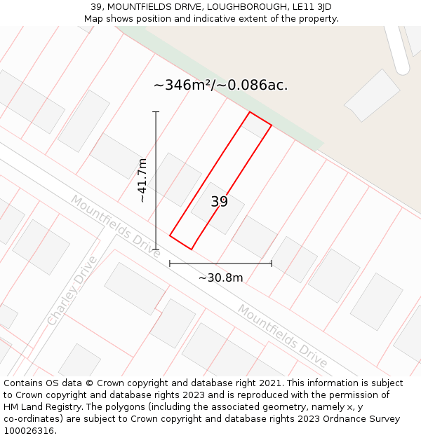 39, MOUNTFIELDS DRIVE, LOUGHBOROUGH, LE11 3JD: Plot and title map