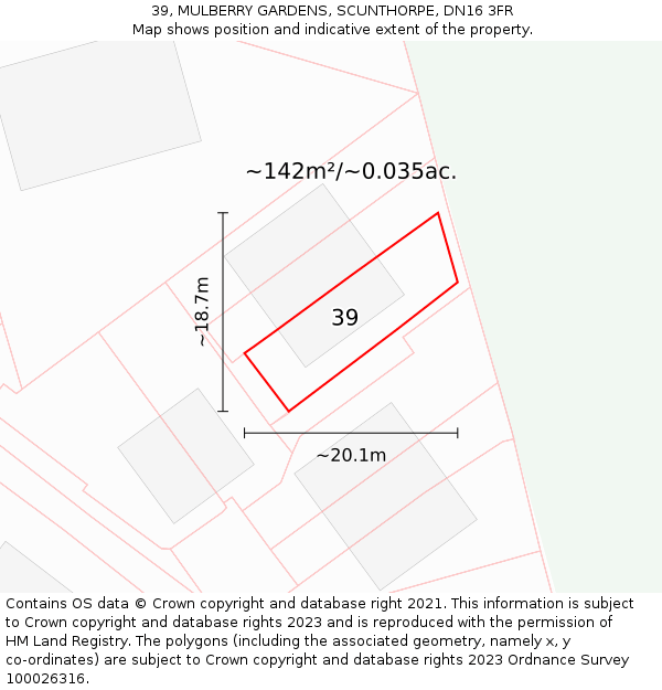 39, MULBERRY GARDENS, SCUNTHORPE, DN16 3FR: Plot and title map