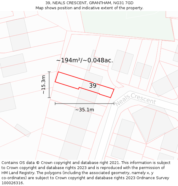 39, NEALS CRESCENT, GRANTHAM, NG31 7GD: Plot and title map