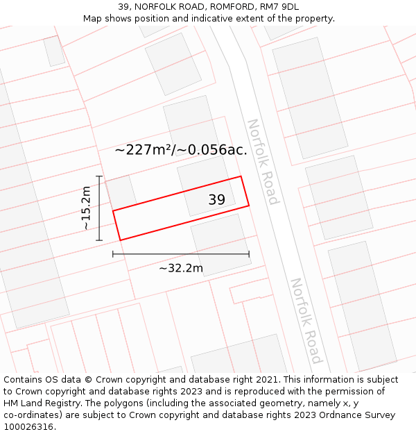 39, NORFOLK ROAD, ROMFORD, RM7 9DL: Plot and title map