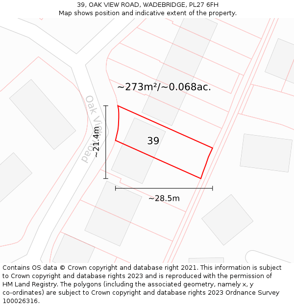 39, OAK VIEW ROAD, WADEBRIDGE, PL27 6FH: Plot and title map