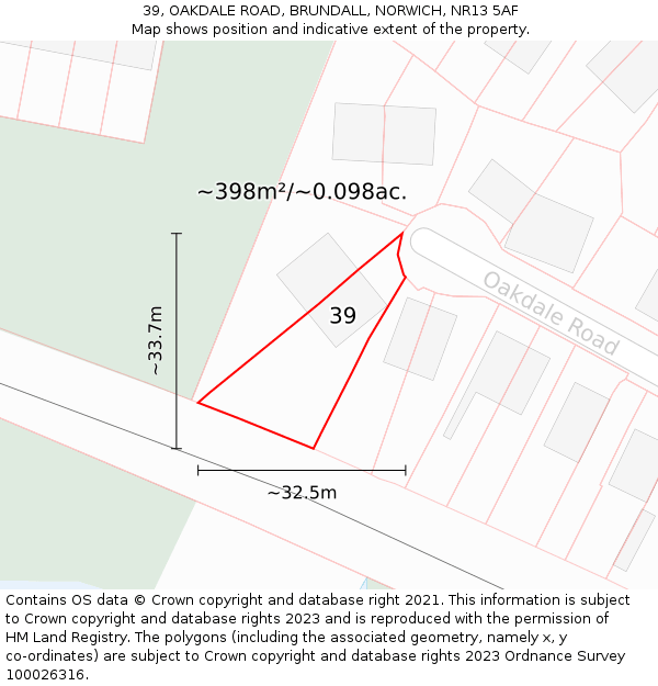 39, OAKDALE ROAD, BRUNDALL, NORWICH, NR13 5AF: Plot and title map