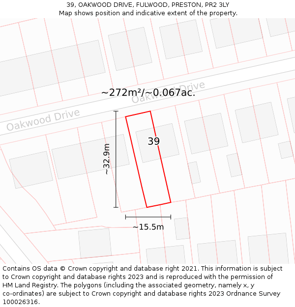 39, OAKWOOD DRIVE, FULWOOD, PRESTON, PR2 3LY: Plot and title map