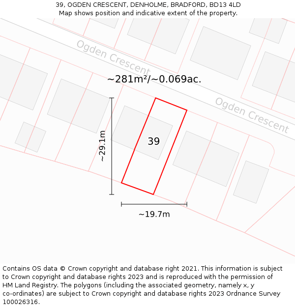 39, OGDEN CRESCENT, DENHOLME, BRADFORD, BD13 4LD: Plot and title map