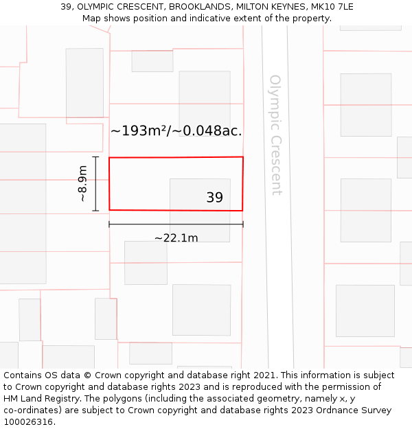 39, OLYMPIC CRESCENT, BROOKLANDS, MILTON KEYNES, MK10 7LE: Plot and title map