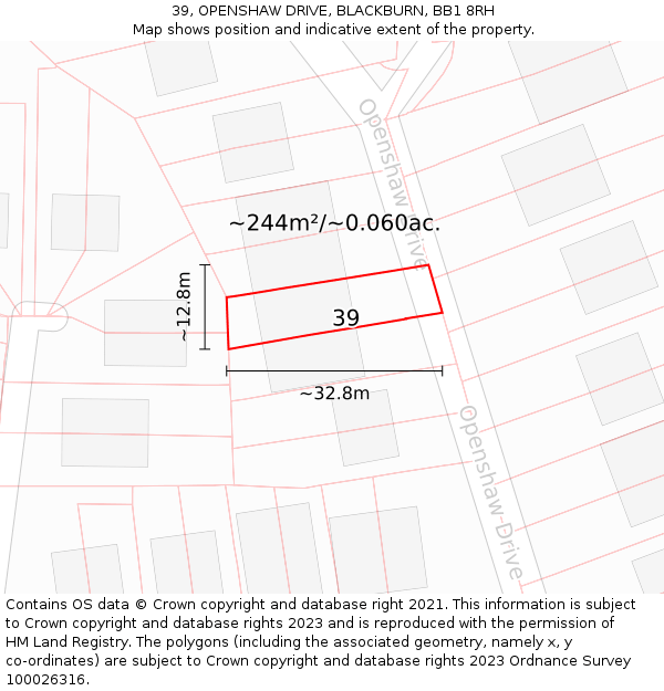 39, OPENSHAW DRIVE, BLACKBURN, BB1 8RH: Plot and title map