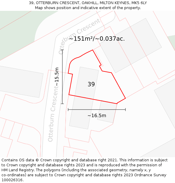 39, OTTERBURN CRESCENT, OAKHILL, MILTON KEYNES, MK5 6LY: Plot and title map