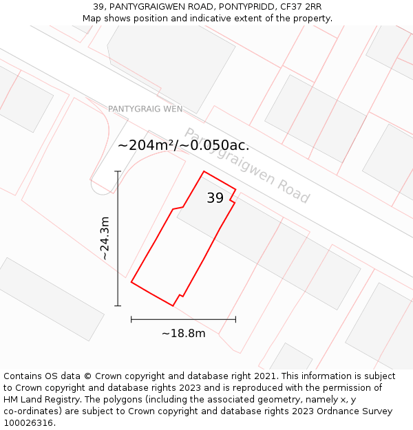 39, PANTYGRAIGWEN ROAD, PONTYPRIDD, CF37 2RR: Plot and title map