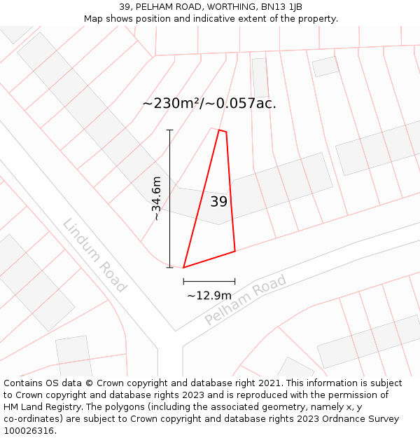 39, PELHAM ROAD, WORTHING, BN13 1JB: Plot and title map