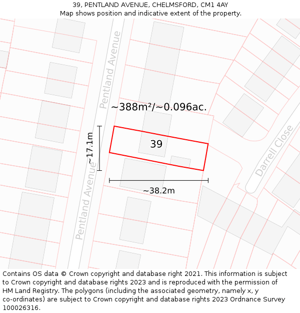 39, PENTLAND AVENUE, CHELMSFORD, CM1 4AY: Plot and title map