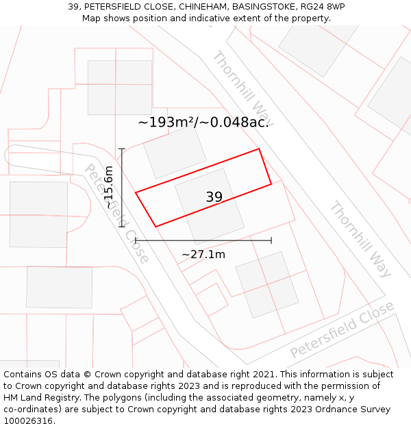 39, PETERSFIELD CLOSE, CHINEHAM, BASINGSTOKE, RG24 8WP: Plot and title map