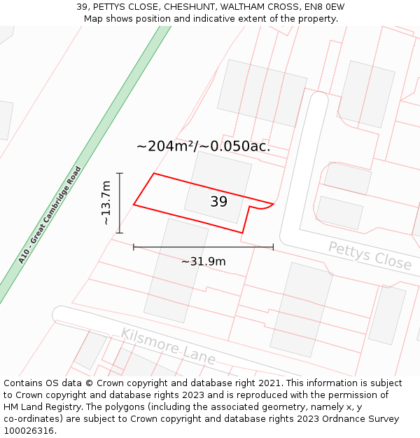 39, PETTYS CLOSE, CHESHUNT, WALTHAM CROSS, EN8 0EW: Plot and title map