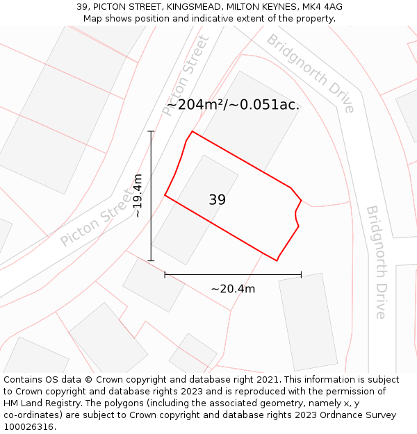 39, PICTON STREET, KINGSMEAD, MILTON KEYNES, MK4 4AG: Plot and title map