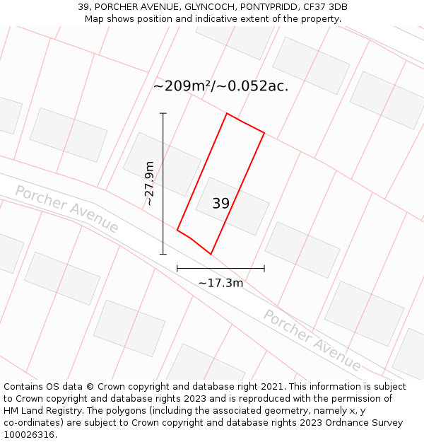 39, PORCHER AVENUE, GLYNCOCH, PONTYPRIDD, CF37 3DB: Plot and title map