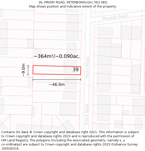 39, PRIORY ROAD, PETERBOROUGH, PE3 9ED: Plot and title map