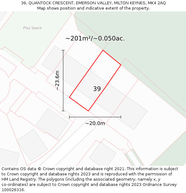 39, QUANTOCK CRESCENT, EMERSON VALLEY, MILTON KEYNES, MK4 2AQ: Plot and title map