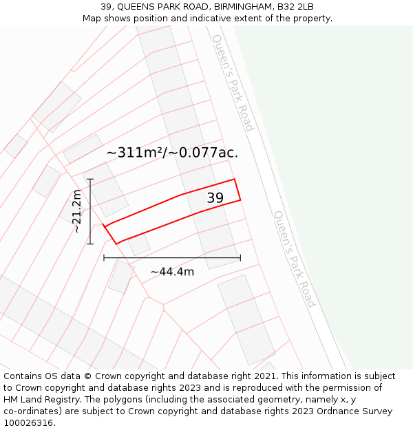 39, QUEENS PARK ROAD, BIRMINGHAM, B32 2LB: Plot and title map