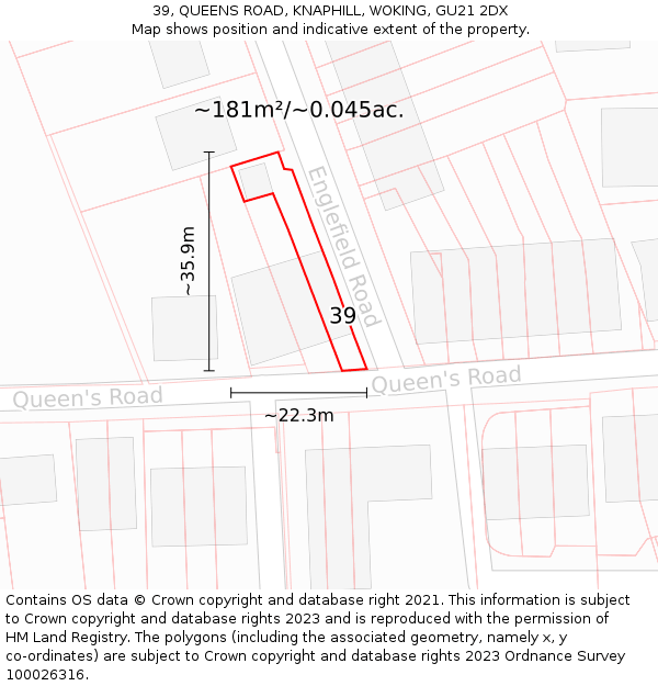 39, QUEENS ROAD, KNAPHILL, WOKING, GU21 2DX: Plot and title map