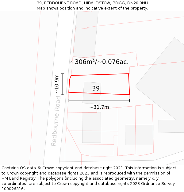 39, REDBOURNE ROAD, HIBALDSTOW, BRIGG, DN20 9NU: Plot and title map