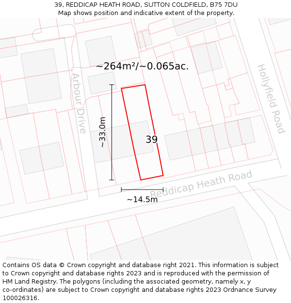 39, REDDICAP HEATH ROAD, SUTTON COLDFIELD, B75 7DU: Plot and title map