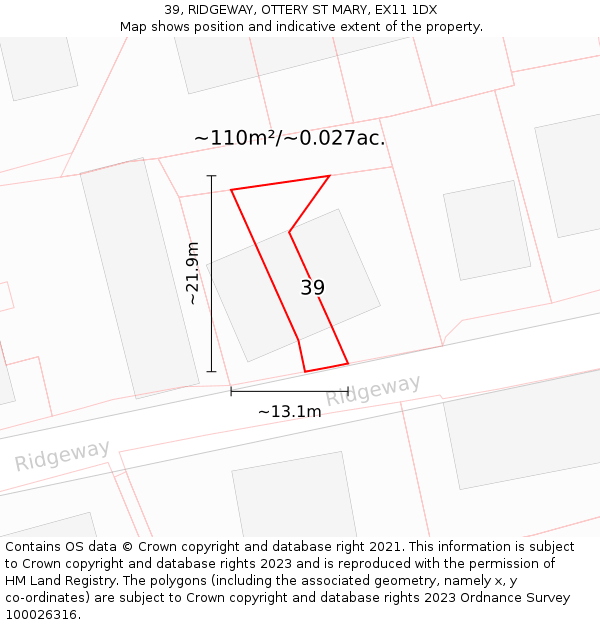 39, RIDGEWAY, OTTERY ST MARY, EX11 1DX: Plot and title map