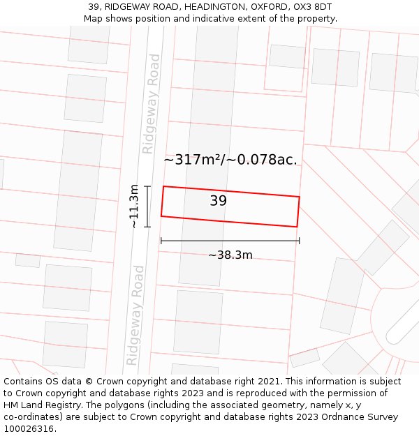 39, RIDGEWAY ROAD, HEADINGTON, OXFORD, OX3 8DT: Plot and title map