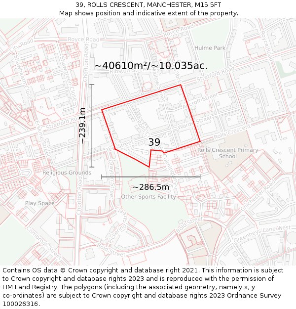 39, ROLLS CRESCENT, MANCHESTER, M15 5FT: Plot and title map