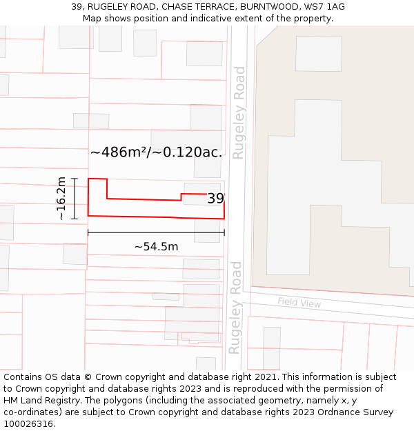 39, RUGELEY ROAD, CHASE TERRACE, BURNTWOOD, WS7 1AG: Plot and title map