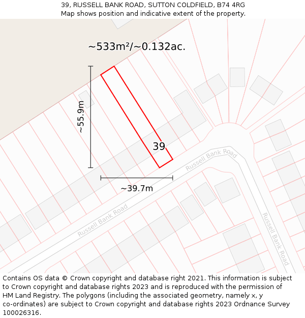 39, RUSSELL BANK ROAD, SUTTON COLDFIELD, B74 4RG: Plot and title map