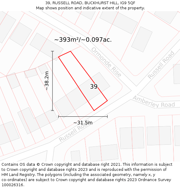 39, RUSSELL ROAD, BUCKHURST HILL, IG9 5QF: Plot and title map