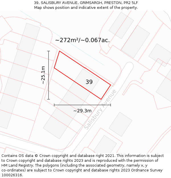 39, SALISBURY AVENUE, GRIMSARGH, PRESTON, PR2 5LF: Plot and title map