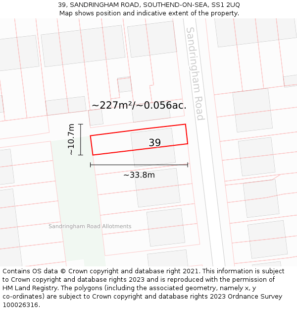 39, SANDRINGHAM ROAD, SOUTHEND-ON-SEA, SS1 2UQ: Plot and title map