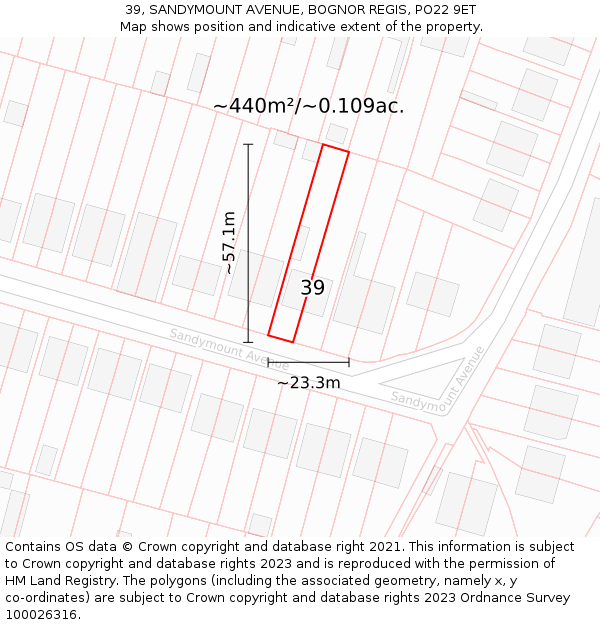 39, SANDYMOUNT AVENUE, BOGNOR REGIS, PO22 9ET: Plot and title map