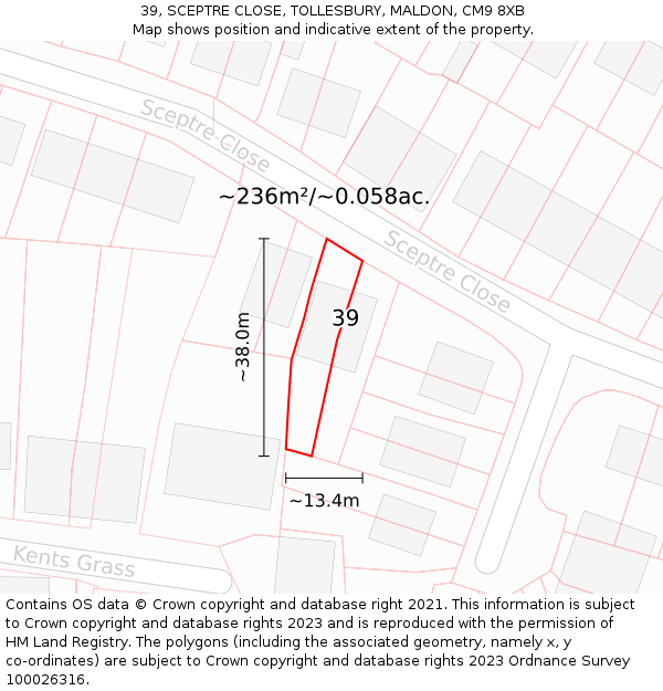 39, SCEPTRE CLOSE, TOLLESBURY, MALDON, CM9 8XB: Plot and title map