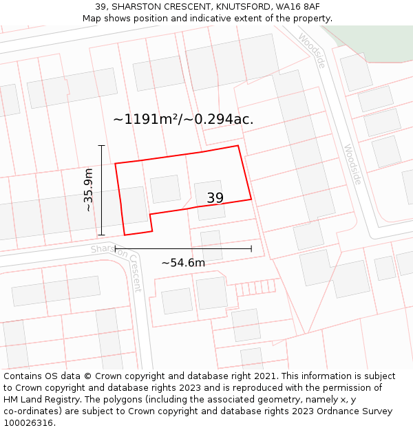 39, SHARSTON CRESCENT, KNUTSFORD, WA16 8AF: Plot and title map