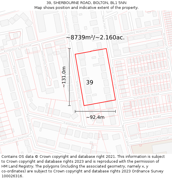 39, SHERBOURNE ROAD, BOLTON, BL1 5NN: Plot and title map