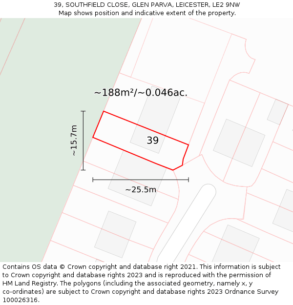 39, SOUTHFIELD CLOSE, GLEN PARVA, LEICESTER, LE2 9NW: Plot and title map