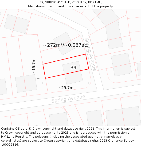 39, SPRING AVENUE, KEIGHLEY, BD21 4UJ: Plot and title map