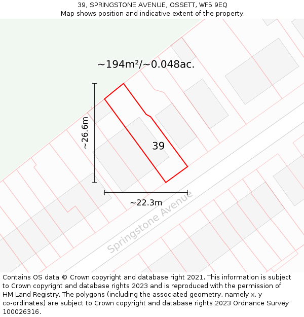 39, SPRINGSTONE AVENUE, OSSETT, WF5 9EQ: Plot and title map